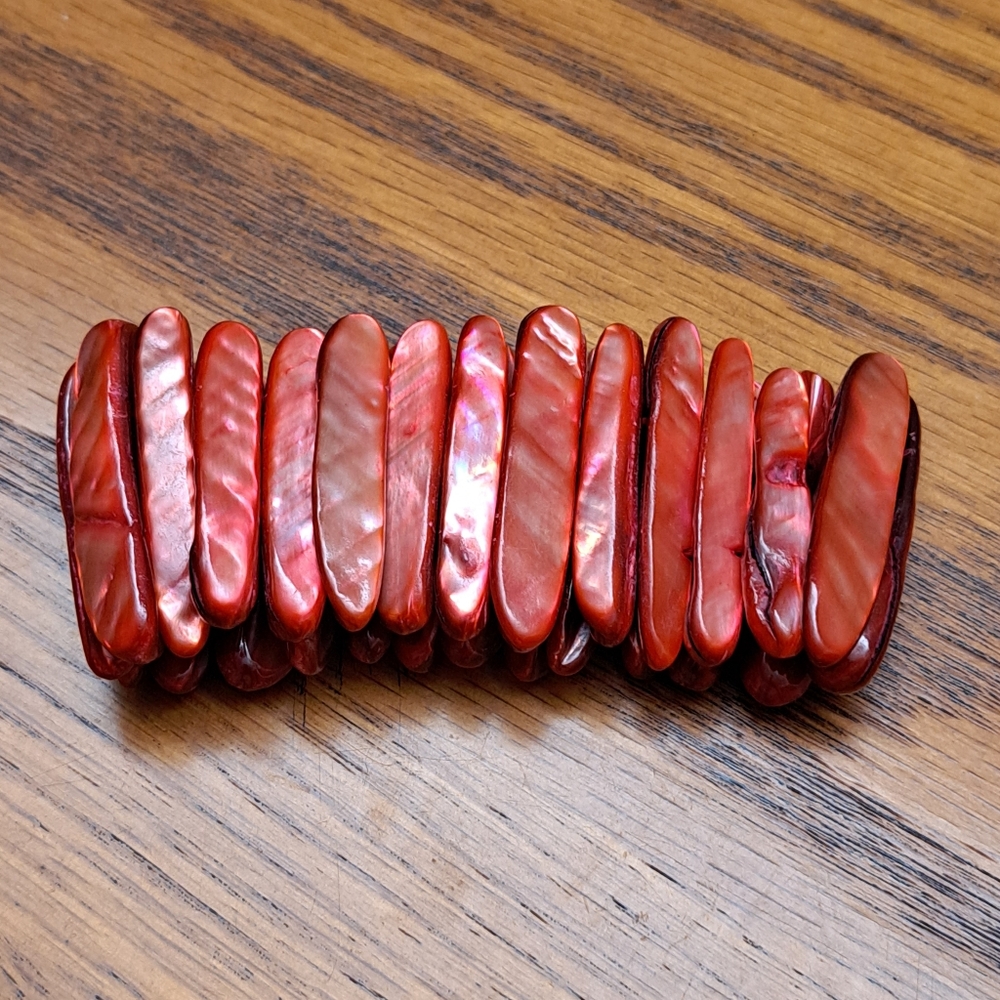 Vintage Red Abalone Shell Stretch Bracelet Wide Cuff Flat 3.5" Bangle Trinket - Picture 4 of 7